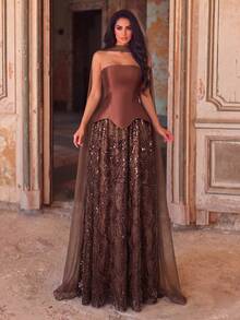 Women's Sequin Strapless Formal Evening Gown, Long Flared Skirt, Exquisite Detail Design, Create Stunning Evening Look - Coffee Brown - View 1