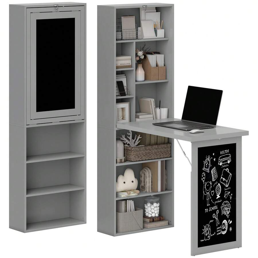 Opklapbaar bureau voor aan de muur met opbergruimte, boekenkast, werkplek, krijtbord en verstelbare plank. - A - Bekijken 1