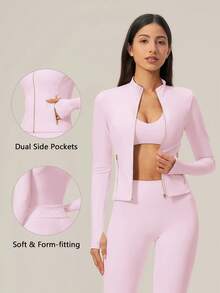 TimeOff Women's 1pc Solid Color Stand Collar Zipper Jacket With Side Pockets And Thumb Holes, Autumn/Winter - Pink - View 11