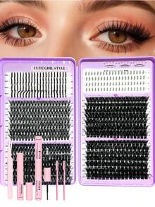 MENGJIESHANGPIN 678pcs Spikes+300+40D+600+800+100D Mixed Pack False Eyelashes Set 10-18mm Single Cluster Dense Style Realistic Curly With Glue Tweezers Remover Liquid Tool Kit - Black - View 9