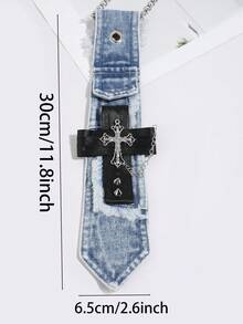 1pc Y2K Hot Girl Snowflake Wash Denim Tie With Rhinestone Cross, Frayed Edge Chain Halter Neck Personalized Shirt Accessory - Multicolor - View 5