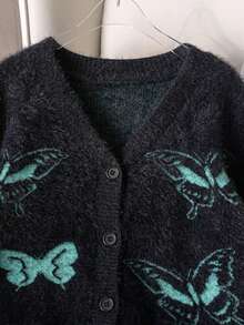 Girls' Street Style Butterfly Knit Cardigan, Faux Fur Trim, Versatile For Daily Wear, Spring/Autumn/Winter - Black - View 5
