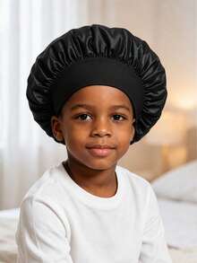 1pc Kids Satin Hair Bonnet, Wide Stretch Elastic Band Sleep Cap, Silk‑Like Night Bonnet For Children Boys Hair Care Home Sleeping - Sleep Cap - View 2