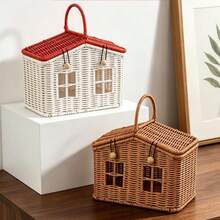 1pc Creative House-Shaped Woven Storage Box With Lid And Decorative Handle, Multi-Purpose Home Desktop And Shelf Organizer Basket, Fun Room Decor, Holiday Display Storage Box, Storage Basket - Multicolor - View 6