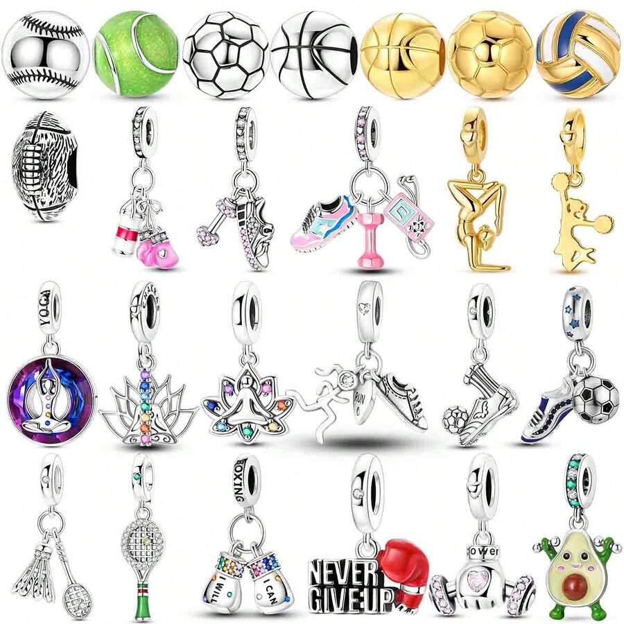 1pc Sports Series Football Basketball Tennis Badminton Yoga Fitness Dumbbell Beaded Charm Suitable For Bracelet Bangle Necklace DIY Jewelry Making Healthy Lifestyle - Silver Or Gold - View 1