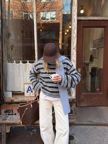 HoloChill Women's Young Influencer Casual Style Vintage Coffee Blue Striped Knit Pullover Sweater, Long Sleeve Ribbed Knit, Suitable For Daily Wear Pullover Fall Casual 2026 New Arrival Fall Sweater, Women's Elegant Outing Outfit Back To School Homecoming Fall/Winter French - Blue - View 7