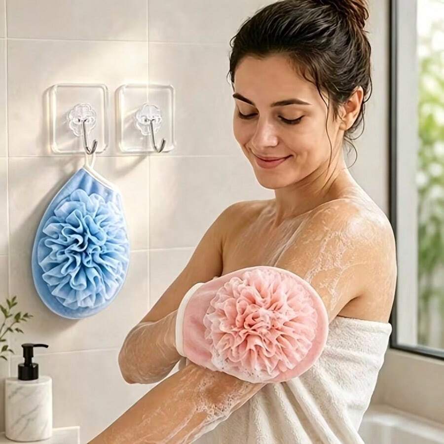 2pcs Bath Sponge Gloves + 2 Hooks Combo Set, Blue For Men, Pink For Women, Double-Sided Scrubbing & Foaming Practical Bathroom Set