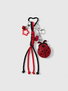 1pc Rhinestone Ladybug Keychain, Red & Black Braided Rope Bag Charm, Heart-Shaped Carabiner Key Ring With Bell, Star & Tassel Pendant, Cute Lucky Insect Accessory - Multicolor - View 2