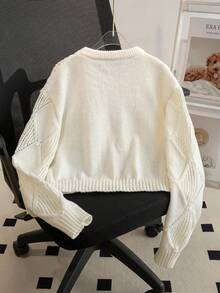 Girls' Sweet Hollow Diamond Pattern Round Neck Long Sleeve Knit Sweater Pullover Short Casual Versatile Suitable For Daily Wear, School, Spring, Autumn, Winter - Apricot - View 2