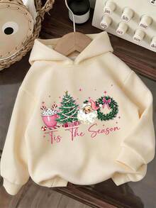 Christmas Set For Girls, Creative Christmas Element Print, Apricot Hooded Sweatshirt And Apricot Flare Pants 2 Pieces Set, Simple Design, Winter Wear, Comfortable And Cozy - Apricot - View 5