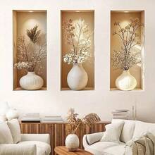 3pcs Visual Recessed Niche Vase Wall Sticker, Neutral Dried Flower Vase Hollow Wall Decal, Fake Built‑In Shelf Mural, Removable Self‑Adhesive, For Living Room Bedroom Entryway Boho Farmhouse Home Decor Gift - Multicolor - View 1