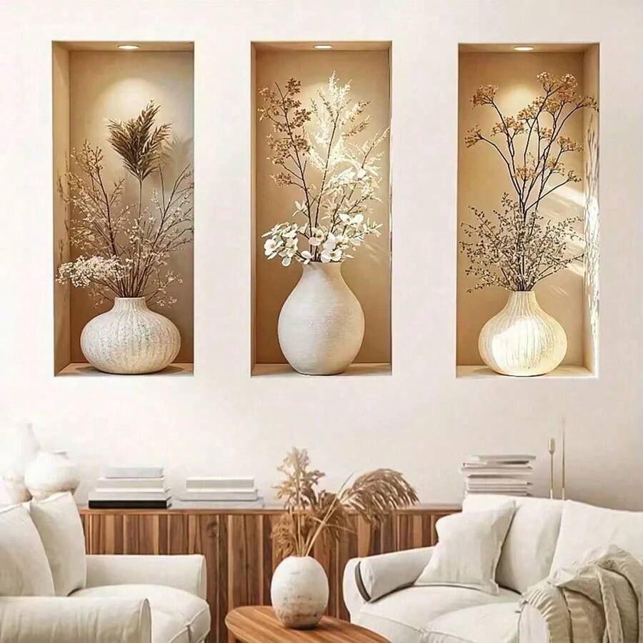 3pcs Visual Recessed Niche Vase Wall Sticker, Neutral Dried Flower Vase Hollow Wall Decal, Fake Built‑In Shelf Mural, Removable Self‑Adhesive, For Living Room Bedroom Entryway Boho Farmhouse Home Decor Gift - Multicolor - View 1