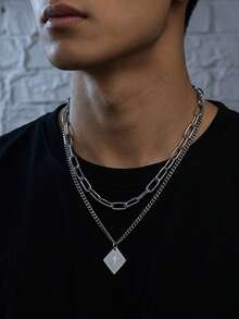 2pcs Hip-Hop Style Square Starburst Embossed Pendant Layered Chain Necklace, Men's Stainless Steel Jewelry, Daily Street Party Holiday Gift Accessory - Silver - View 1