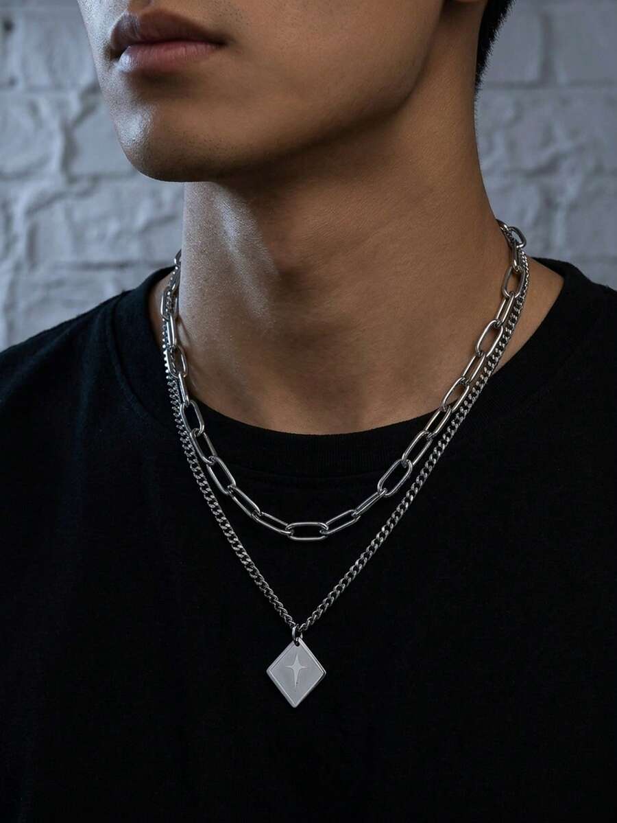 2pcs Hip-Hop Style Square Starburst Embossed Pendant Layered Chain Necklace, Men's Stainless Steel Jewelry, Daily Street Party Holiday Gift Accessory - Silver - View 1