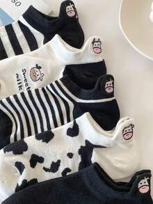 5 Pairs Women's Black & White Embroidered Socks, Ins Style Short Socks, Summer Thin Low-Cut Cute Cartoon Cow Japanese Invisible Socks - Multicolor - View 6