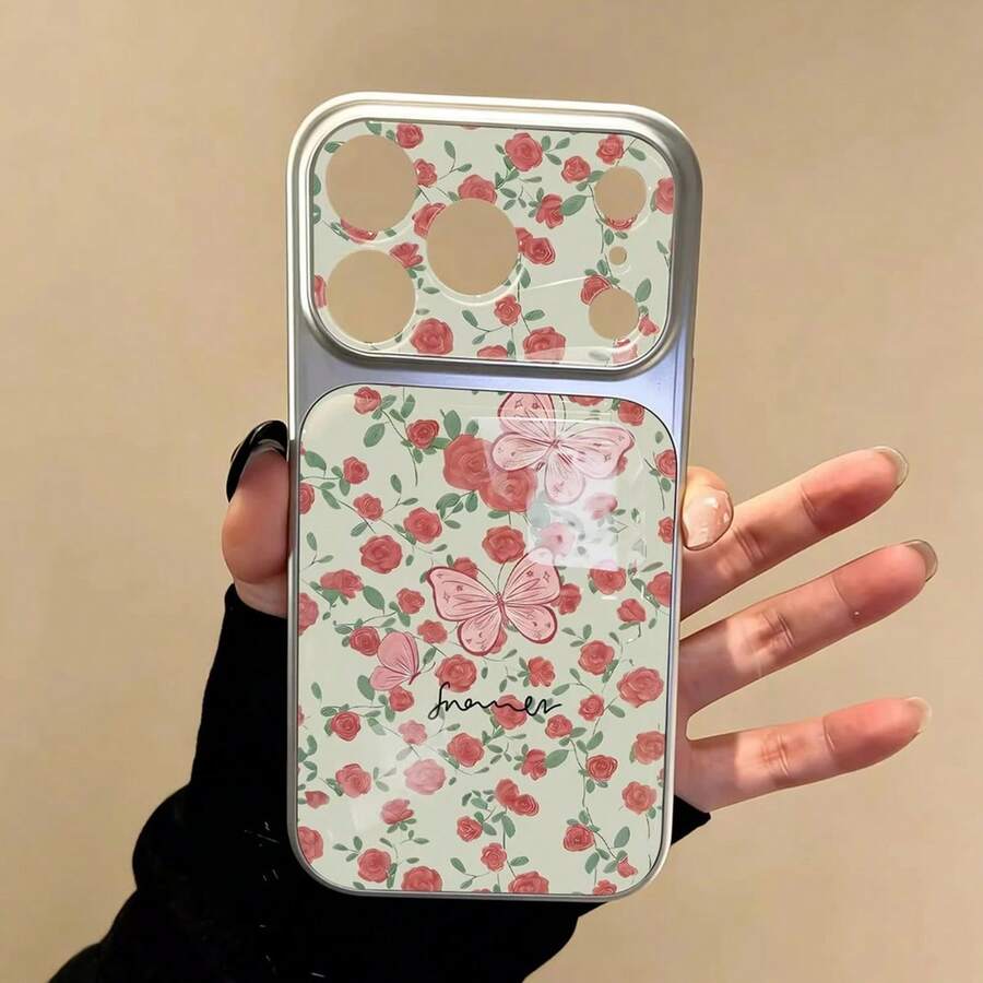1 French Style Bustling Rose Butterfly Mirror Phone Case With Large Window Silver Plated Border Suitable Compatible With Apple 17Promax/11/12/13/14/15/16pro - Silver - View 1
