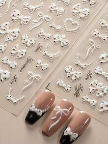 1pc 5D Classic Elegant Bow Nail Sticker, Cute Black & White Ribbon Bow Nail Art Decals, Self-Adhesive Slider Nail Decoration DIY Sticker Nail Stickers - White - View 9