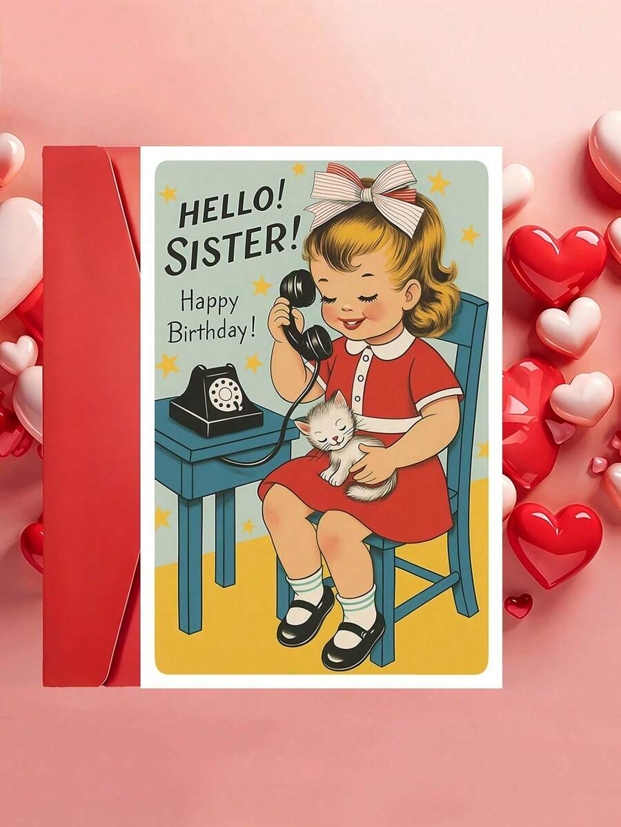 OBOVAY 1 tấm thiệp sinh nhật phong cách retro "Hello! Sister! Happy Birthday!" kèm phong bì, thiết kế cô gái và mèo vintage, lời chúc ngọt ngào hoài niệm dành cho chị em gái, phù hợp cho sinh nhật và các dịp kỷ niệm, bên trong để trống - Mẫu mới - Xem 1