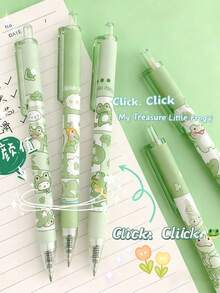 6pcs Cute Frog Designed Ballpoint Pens, High-Quality Matcha Green Student Stationery 0.5mm Black Ink Smooth Writing Pens - Black - View 4