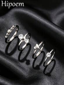 4pcs Fashion Stainless Steel Silver Ring Set, Heart & Round Bead Double Zirconia Inlaid Thin Band Stacking Rings, Minimalist INS Style, Unisex Jewelry Gift For Valentine's Day & Birthday - Silver - View 1