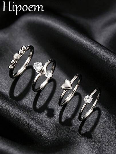 4pcs Fashion Stainless Steel Silver Ring Set, Heart & Round Bead Double Zirconia Inlaid Thin Band Stacking Rings, Minimalist INS Style, Unisex Jewelry Gift For Valentine's Day & Birthday
