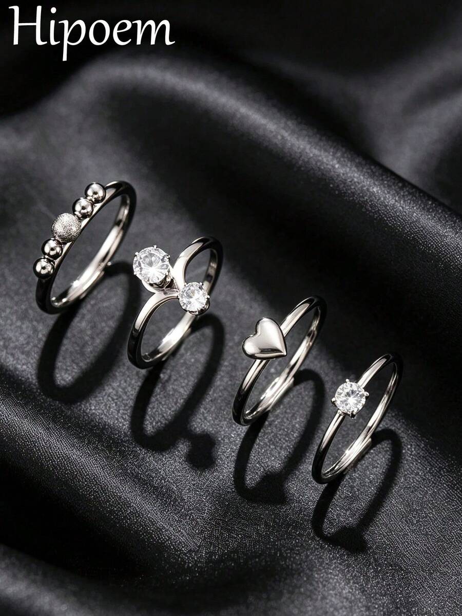 4pcs Fashion Stainless Steel Silver Ring Set, Heart & Round Bead Double Zirconia Inlaid Thin Band Stacking Rings, Minimalist INS Style, Unisex Jewelry Gift For Valentine's Day & Birthday - Silver - View 1