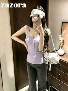 韓式性感U領鈕扣針織細肩帶背心女裝，四季皆宜 - 淺紫色 - 查看 7