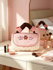 1PC/6PCSSweet Aesthetic Embroidered Cosmetic Bag, Handheld Travel Makeup Organizer, Large Capacity Zipper Toiletry Storage Pouch, Plaid Polka Dot Design, Cute Cartoon Pattern For Girls Daily Travel Cosmetics Accessories Storage - Multicolor - View 15