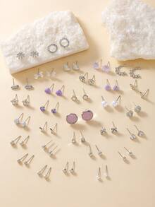 30 Pairs Elegant Minimalist Heart Star Colorful Bow Flower Stud Earrings Set For Women, Suitable For Casual Daily Wear, Vacation, Holiday Gift - Silver - View 2