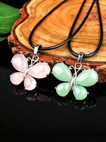 Natural Crystal Butterfly Pendant Necklace, Pink Quartz, Amethyst, Tiger Eye, Multicolor Options, Unique Niche Stone Accessory Gift - Butterfly Pendant - View 9
