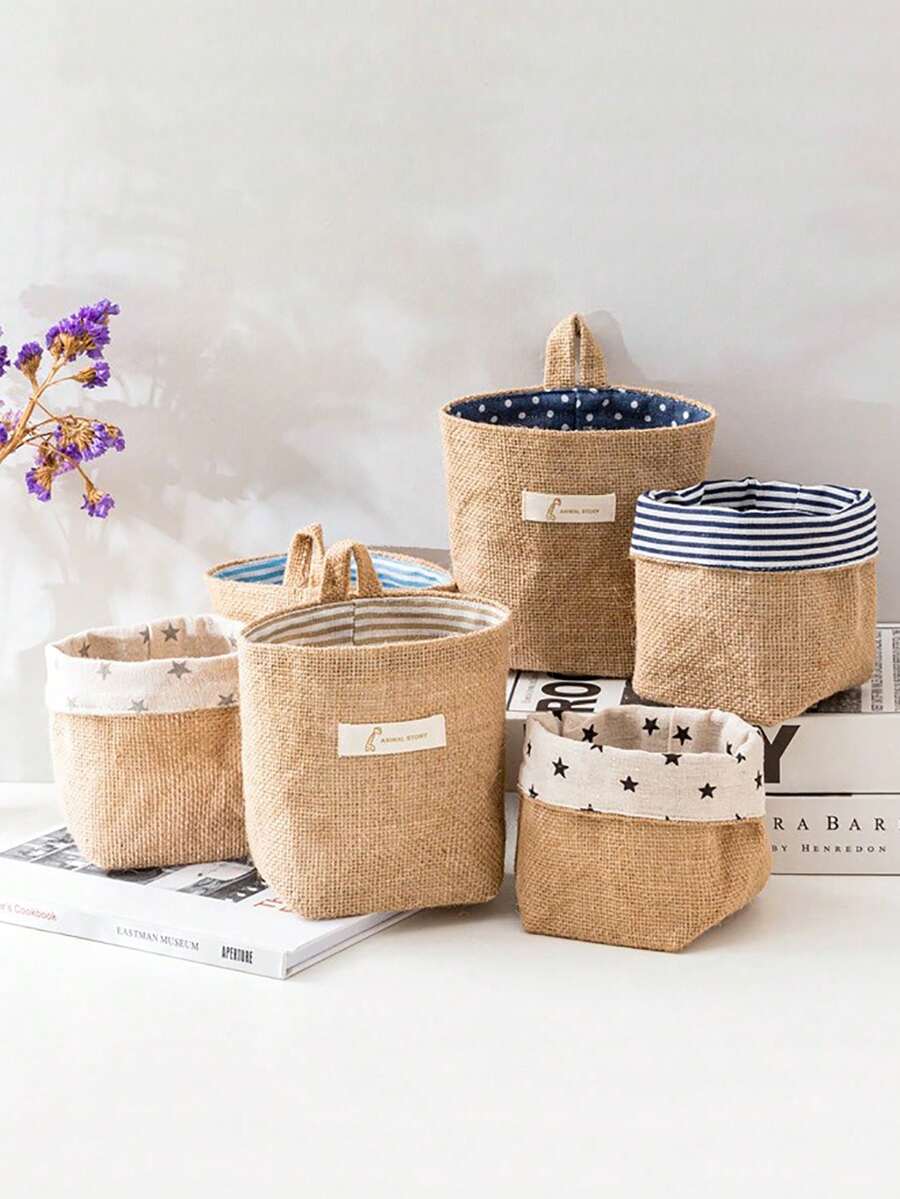 1pc Random Style Linen Pencil Holder Storage Basket - Multicolor - View 1