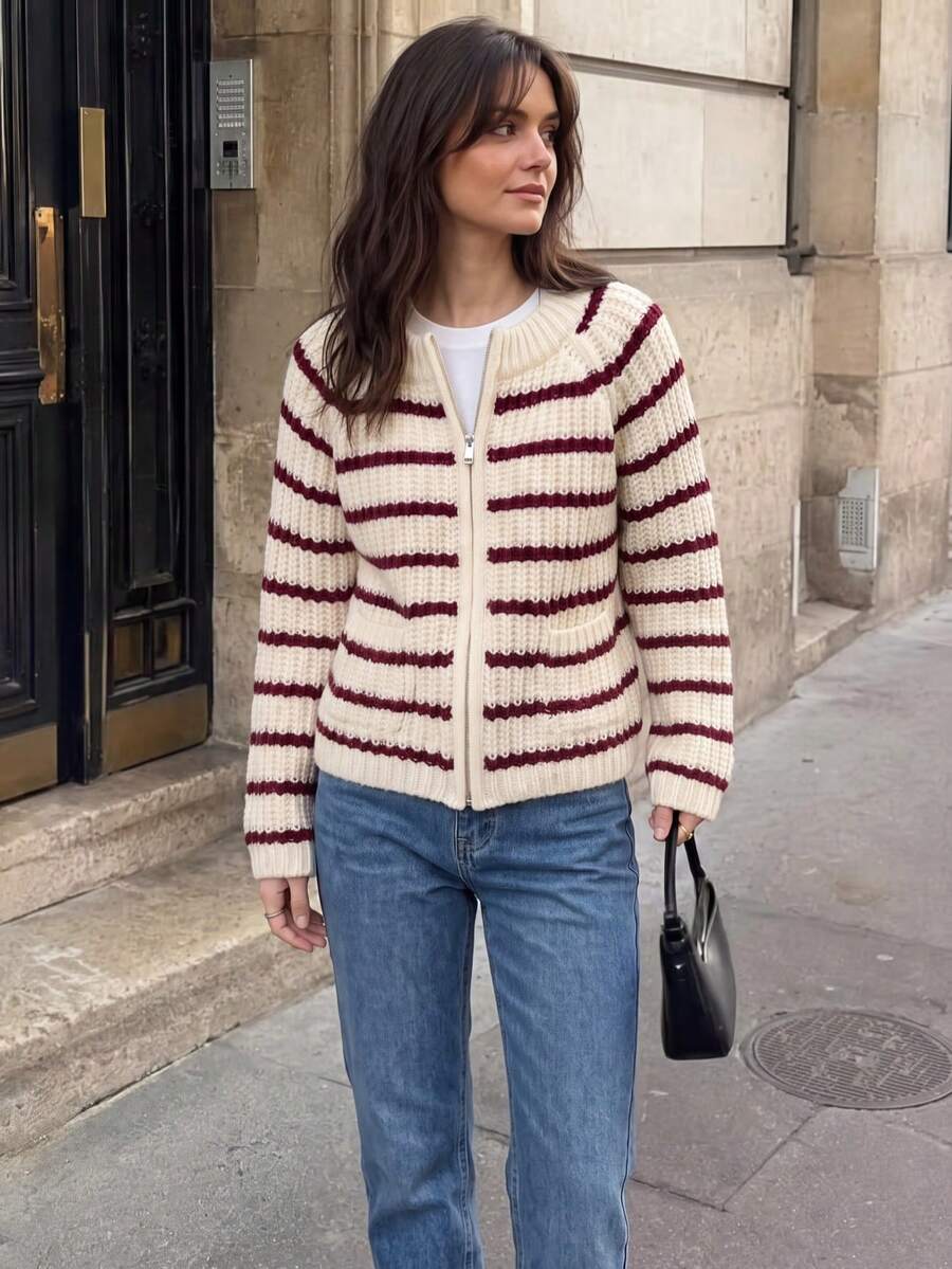 JIANHU Red & Burgundy Striped Knit Cardigan - Full Zip Up Sweater With Ribbed Cuffs And Pockets, Suitable For Christmas Markets And Casual Office Wear, Autumn/Winter - Red - View 1