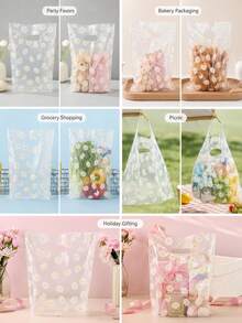 100/50/20/10pcs White Daisy Pattern Plastic Shopping Bags, Premium Retail Transparent PET Gift Bags, Suitable For Party Favors, Baking Packaging, Supermarket Shopping And Picnic, Picnic Essentials, Transparent Design, Sturdy Structure, Gift Bags - Transparent - View 11