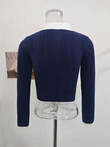Korean Style College Style Color Block Polo Collar Long Sleeve Knit Sweater Women Autumn Youthful Slimming Versatile Crop Top - Navy Blue - View 7