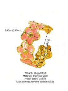 1pc Gentle Style Stainless Steel Women's Bracelet With Enamel Floral Design, Suitable For Party/Date Wear - Yellow Gold - View 14