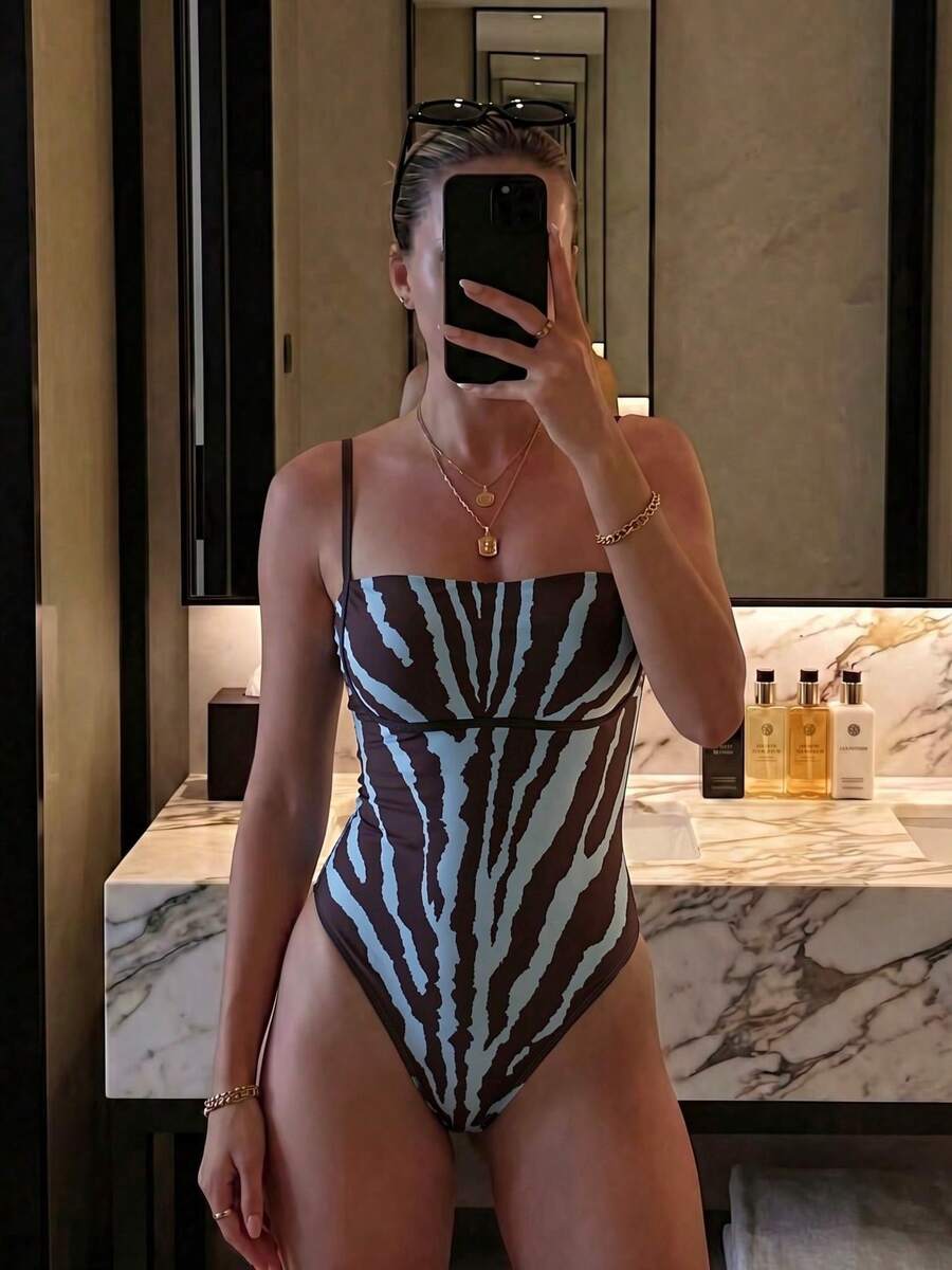 新款性感夏季條紋高彈力休閒海灘度假約會派對女款一件式細肩帶泳衣 - 彩色 - 查看 1
