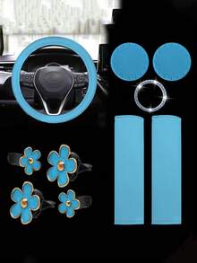 Women's Genuine Leather Steering Wheel Cover 10-Piece Set 14.5-15 Inch Car Accessories With Seat Belt Shoulder Pads, Seat Belt Cover Cup Holder, Start Button Ring Sticker - A - View 9