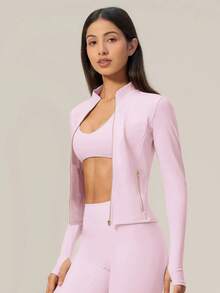 TimeOff Women's 1pc Solid Color Stand Collar Zipper Jacket With Side Pockets And Thumb Holes, Autumn/Winter - Pink - View 7