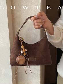 low tea 1pc Minimalist Fashion Suede Fabric Handbag With Adjustable Shoulder Strap, Suitable For Commuting, Shopping, Etc. (With Pendant) - Coffee - View 13