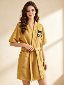 1 chiếc áo choàng tắm nỉ nhẹ cho nữ và bé gái, áo choàng spa kiểu kimono ngắn, nhanh khô, mềm mại và thấm hút tốt sau khi tắm - Áo choàng tắm tay ngắn vải nhung ngô họa tiết mèo cà phê - Xem 13