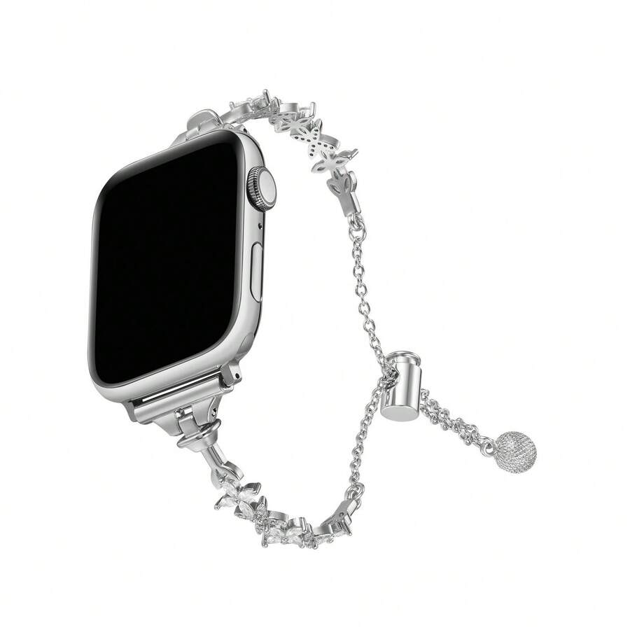 1pc Women's Butterfly Rhinestone Steel Watch Band, Adjustable With Extension Chain, Diamond Pendant Decoration, Compatible With Apple Watch All Sizes S10-SE Ultra, Jewelry Style Bracelet Band - Silver - View 1