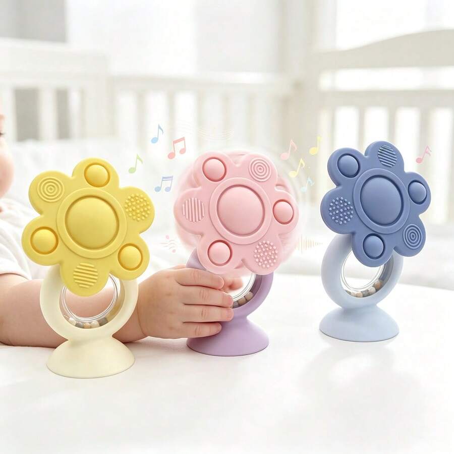 1pc Rotating Flower Rattle With Suction Cup, Silicone Baby Rattle Toy, Can Be Gripped Or Suctioned To Tabletop, Easter Thanksgiving Halloween Christmas Gift (Random Color Beads)