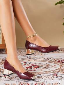 2026 New Lightweight Luxury Shiny Pleated Square Toe Low Vamp Closed Toe Design Chunky Heel 4.5cm Foot-Flattering Daily Casual Versatile Shoes - Burgundy - View 6