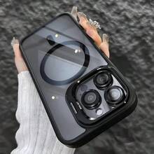 Simplified Magnetic Metal Frame Lens Protective Film/Bracket Three In One Phone Case Suitable For 16 16pro 16proMax 15 15Pro 15ProMax 14 14Pro 14ProMax 13 13Pro 13ProMax 17 17Pro 17ProMax 11 Acrylic Anti Drop Hard Shell Protective Case For The Back Cover - Black - View 6