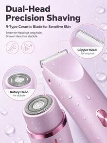 2-In-1 Women's Electric Body Trimmer & Bikini Trimmer, Rechargeable Ceramic Blade Rotary Shaver, Detachable And Washable, Suitable For Sensitive Areas, Underarms, Legs And Facial Hair, USB-C Interface, Wireless Portable Travel Design - Size - View 7