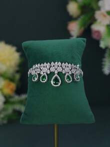 5pcs Handmade Inlaid Green Cubic Zirconia Luxury Elegant Series Water Drop Tassel Design Necklace Bracelet Earrings Ring Set Suitable For Women Daily Wear Wedding Party (Gift Box Packaging) - Water Droplet Design Set - View 7