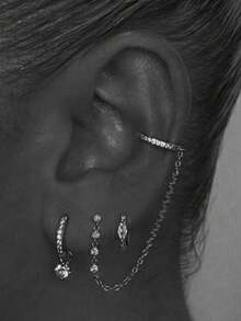 3pcs/Set Delicate Cubic Zirconia Earring Chain Clip-On Stud Earrings For Women, Daily & Party Jewelry (Quantity Suitable For One Ear) - Silver - View 1