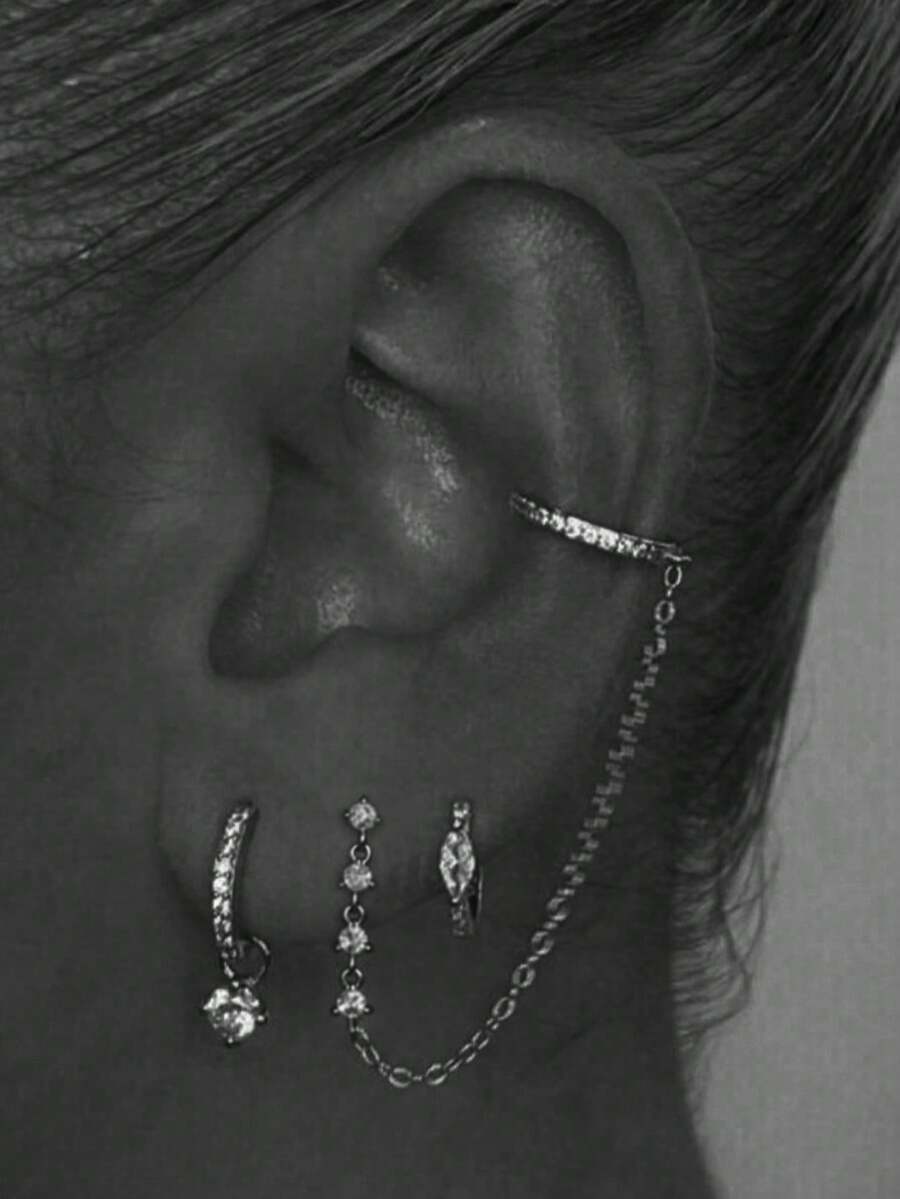 3pcs/Set Delicate Cubic Zirconia Earring Chain Clip-On Stud Earrings For Women, Daily & Party Jewelry (Quantity Suitable For One Ear) - Silver - View 1