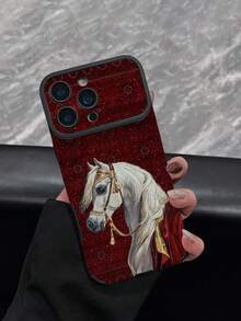 1pc New Vintage Red Plaid & White Horse Pattern Phone Case, Faux Leather Texture, Shockproof Protective Soft Shell For IPhone 17/17Pro/17ProMax/16/16Pro/16ProMax/16Plus/15/15Plus/15Pro/15ProMax/14/14Plus/14Pro/14ProMax/13/13Pro/13ProMax/12/12Pro/12ProMax/11/11ProMax - Multicolor - View 3