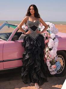 New Heavy Pearl & Rhinestone Embellished Apricot Sexy Sleeveless Backless Fashion Camisole Two Pieces Party Dress With Ruffle Skirt - Black - View 8